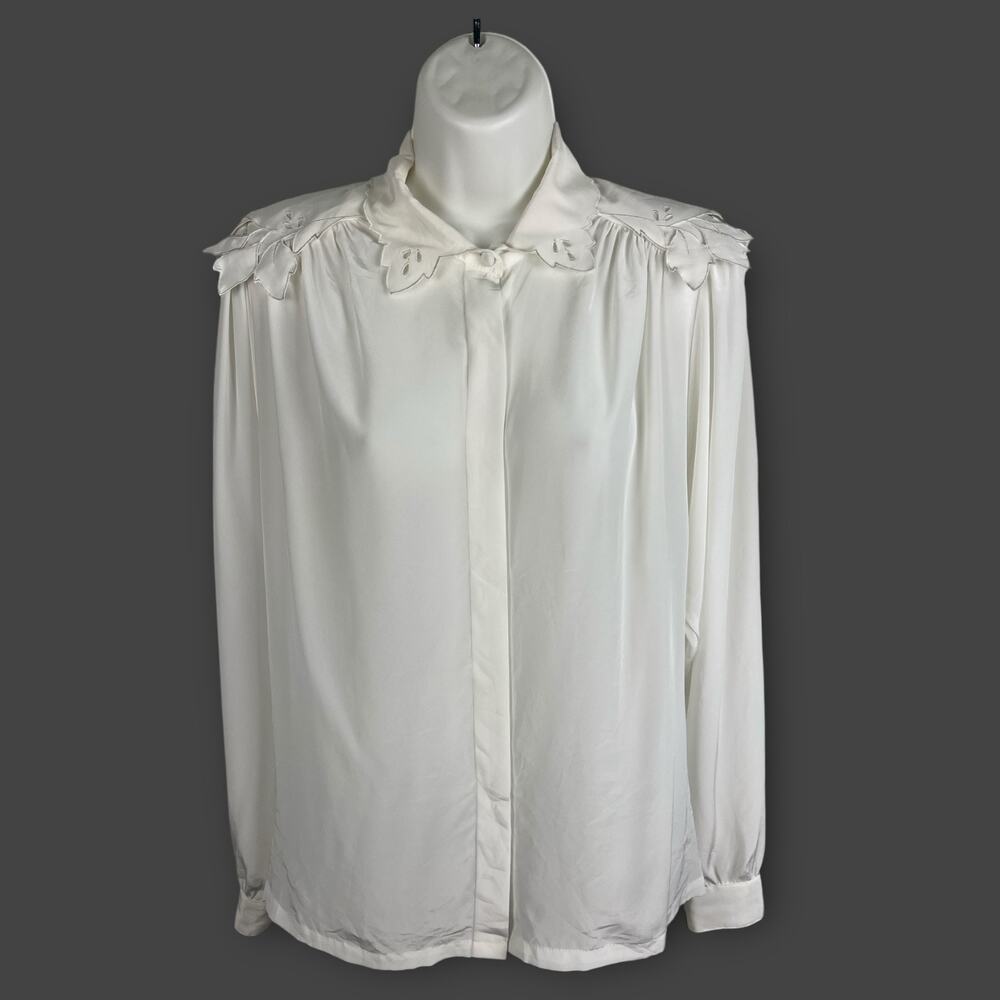 Vintage White Shirtstrings II Floral Eyelet collar Career Blouse Medium Size 10